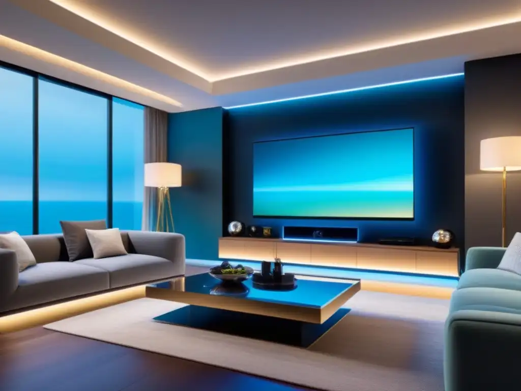 Salón de lujo en casa inteligente: tecnología y elegancia Invertir en propiedades con domótica: Sala de estar moderna y lujosa en un hogar inteligente, con dispositivos de automatización integrados