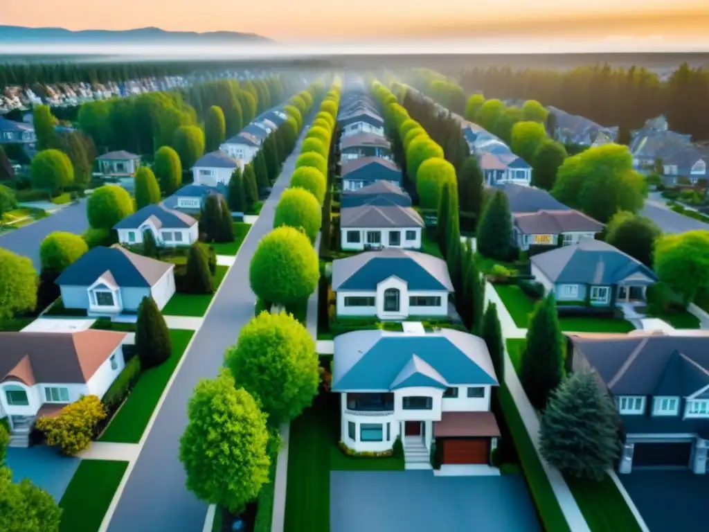 Vecindario residencial de lujo en Canadá: seguridad y prosperidad Propiedades seguras en Canadá: Vista aérea de un vecindario moderno con casas impresionantes y arboladas calles