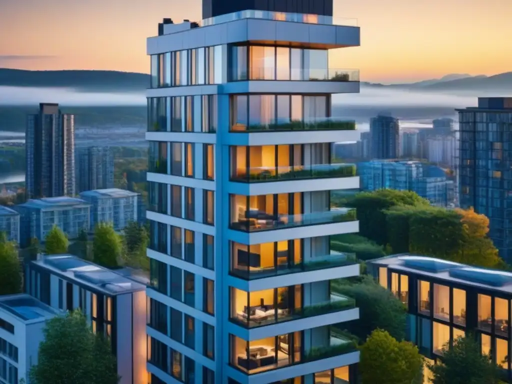 Condominio de lujo en ciudad canadiense: diseño moderno y serenidad urbana Propiedades seguras en Canadá: un condominio moderno en una vibrante ciudad canadiense, rodeado de naturaleza y elegancia urbana