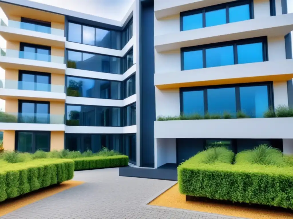 Edificio de lujo y seguridad en mercado inmobiliario internacional Invertir en propiedades seguras internacionalmente: Edificio moderno con diseño contemporáneo, ventanas de piso a techo y seguridad de primer nivel