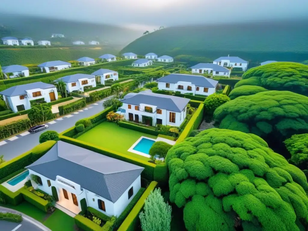 Exclusivo vecindario seguro rodeado de naturaleza exuberante Invertir en propiedades seguras internacionalmente: Vista aérea detallada de un vecindario exclusivo con modernas casas y alta seguridad