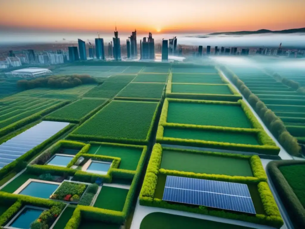 Horizonte sostenible: ciudad moderna con certificación BREEAM Invertir en propiedades sostenibles: Ciudad moderna con edificios eco-friendly certificados BREEAM, techos verdes y paneles solares al atardecer