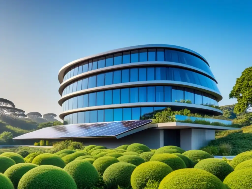 Edificio sostenible futurista en 8K: modernidad ecoamigable Invertir en propiedades sostenibles: Edificio futurista rodeado de vegetación, con paneles solares y techos verdes, bañado en luz natural