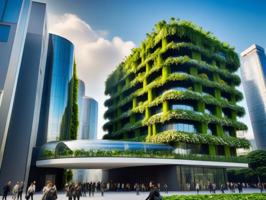 Edificio verde futurista con jardines verticales en la ciudad Invertir en propiedades sostenibles: Edificio futurista con jardines verticales y paneles solares en una ciudad vibrante y ecológica