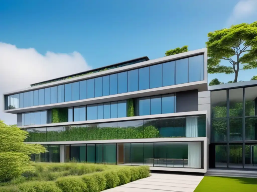 Arquitectura sostenible: Edificio de oficinas moderno y ecofriendly Invertir en propiedades sostenibles: Edificio moderno con fachadas de vidrio, paneles solares y exuberante vegetación