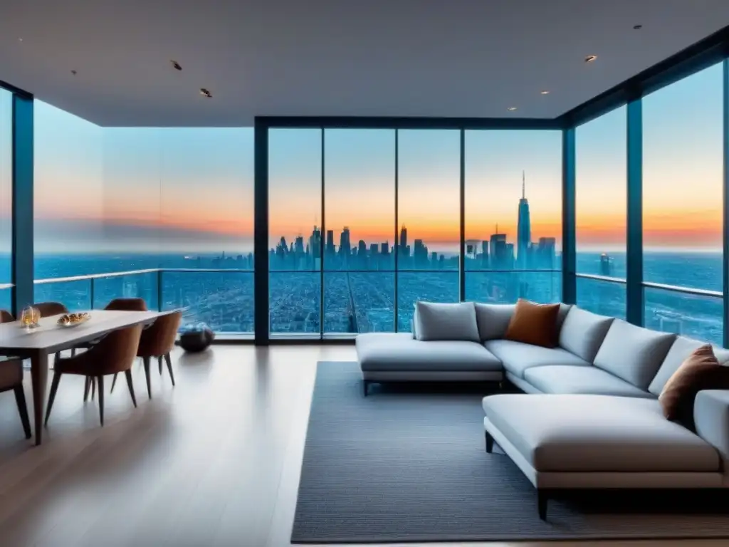 Penthouse de lujo con vista panorámica en ciudad vibrante Propiedades subvaluadas mercado inmobiliario: Lujoso ático moderno con vista panorámica de la ciudad y elegante diseño interior