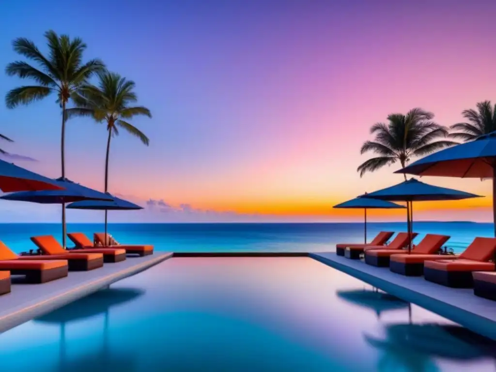 Paraíso tropical: piscina infinita de lujo junto a la playa Inversión en propiedades de tiempo compartido en destinos exóticos con piscina infinita de lujo frente a playa tropical al atardecer