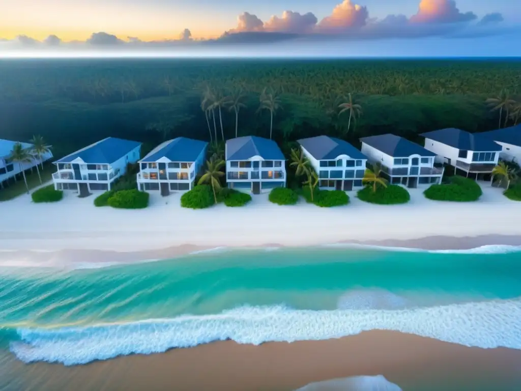 Paraíso de vacaciones de lujo: modernas propiedades junto a la playa Propiedades vacacionales alquiler corto: fila de modernas casas de playa con diseño único, colores vibrantes y ambiente de lujo al atardecer