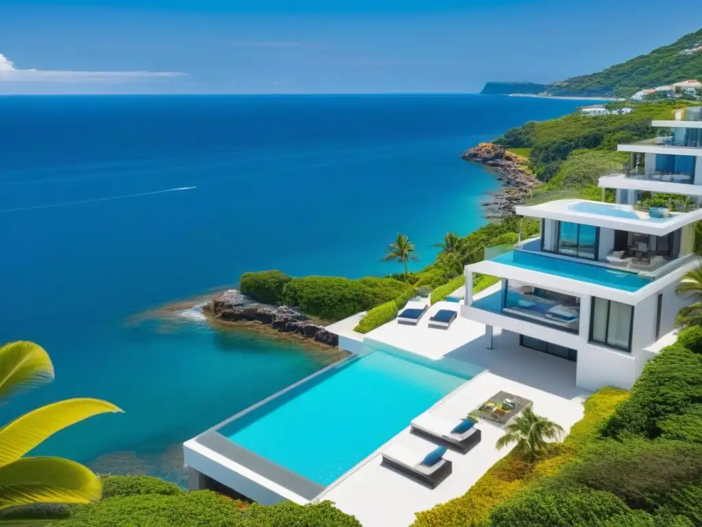 Exclusivas casas de alquiler vacacional en la costa: lujo y naturaleza Propiedades vacacionales alquiler corto: Línea de modernas casas de alquiler vacacional con piscinas privadas y vista a la costa
