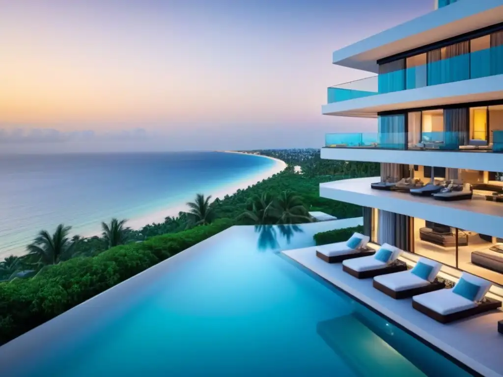 Rascacielos de lujo frente al mar con yates y atardecer Inversión en propiedades vacacionales internacionales: Edificio moderno frente al mar con lujo y sofisticación