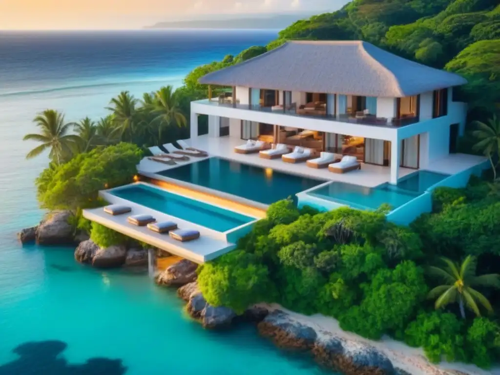 Villa de lujo frente al mar: opulencia y exclusividad Invertir en propiedades vacacionales internacionales: Exclusiva villa frente al mar con arquitectura moderna, aguas turquesa y atardecer dorado