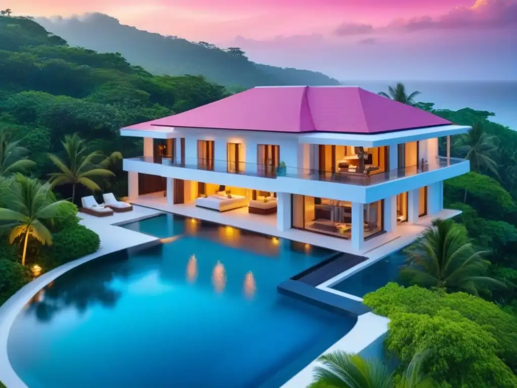 Villa de lujo frente al mar: inversión vacacional de ensueño Inversión propiedades vacacionales internacionales: Villa de lujo con piscina infinita privada y vistas al mar turquesa al atardecer