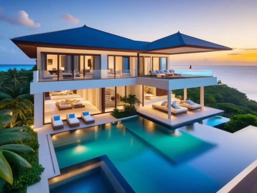Villa de lujo frente al mar en paraíso tropical Invertir en propiedades vacacionales internacionales: Villa de lujo con piscina infinita, playa privada y atardecer dorado en paraíso tropical