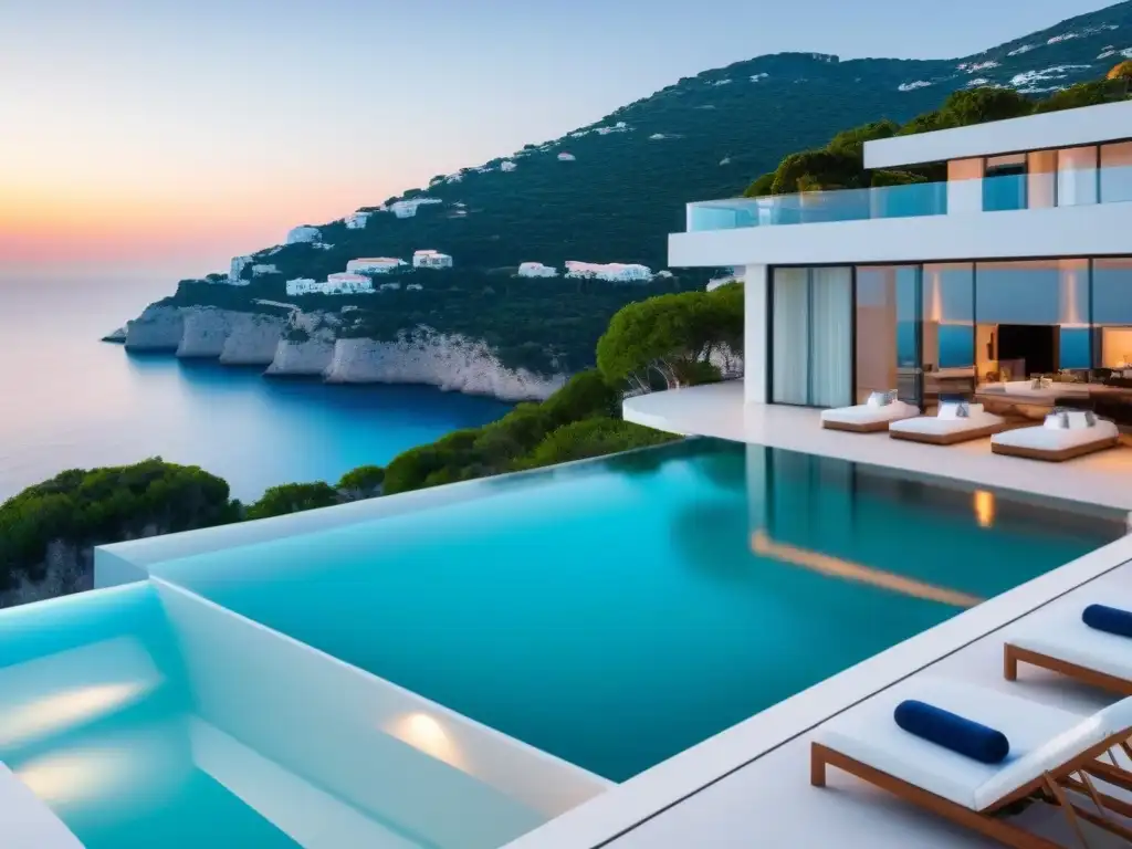 Villa de lujo con vistas al mar Mediterráneo Invertir en propiedades vacacionales internacionales: lujosa villa blanca con vista al mar Mediterráneo y piscina infinita al atardecer