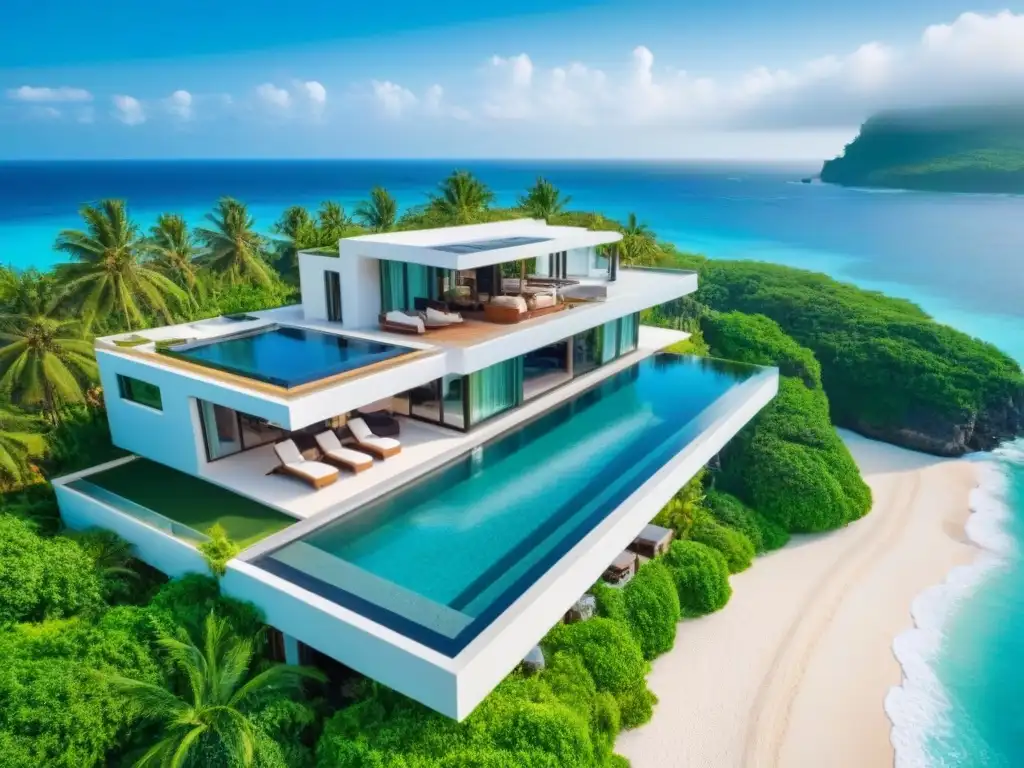 Villa de lujo con piscina infinita frente al mar Inversión en propiedades vacacionales internacionales: lujosa villa playera con piscina infinita y exuberante vegetación tropical