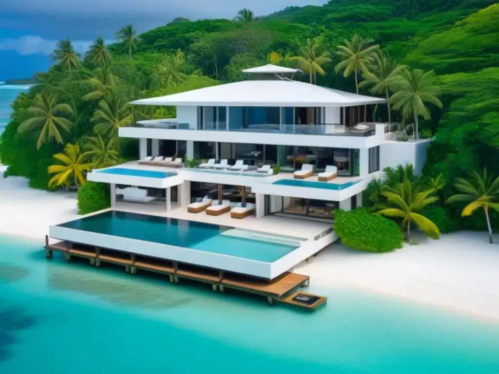 Propiedad vacacional de lujo: vista aérea en paraíso tropical Inversión en propiedades vacacionales internacionales: lujoso paraíso playero con moderno diseño y comodidades de alta gama