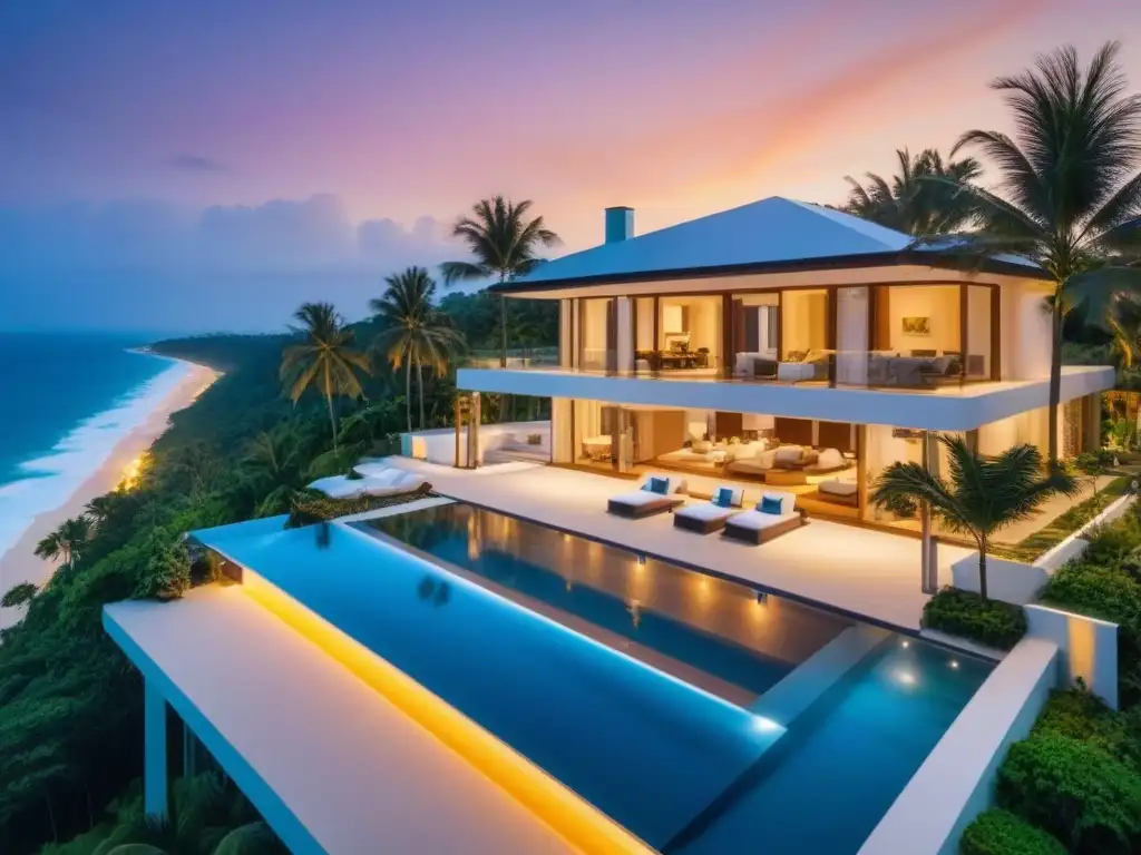 Villa de lujo con piscina infinita en la costa: atardecer dorado Invertir en propiedades vacacionales post-pandemia: Villa de lujo con piscina infinita, vistas al mar y diseño moderno, rodeada de palmeras