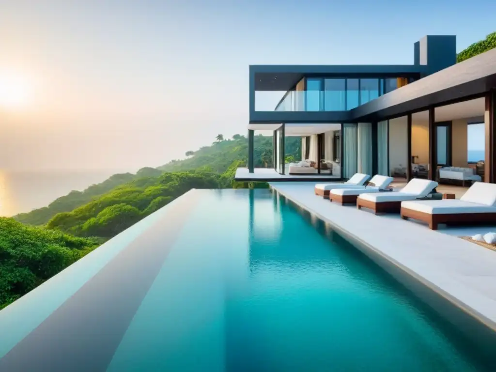 Villa de lujo con vistas al mar turquesa: inversión exclusiva Inversión en propiedades vacacionales post-pandemia: lujosa villa moderna con vistas al mar turquesa, rodeada de exuberante vegetación y bañada por la luz dorada del sol, con diseño elegante y piscina infinita