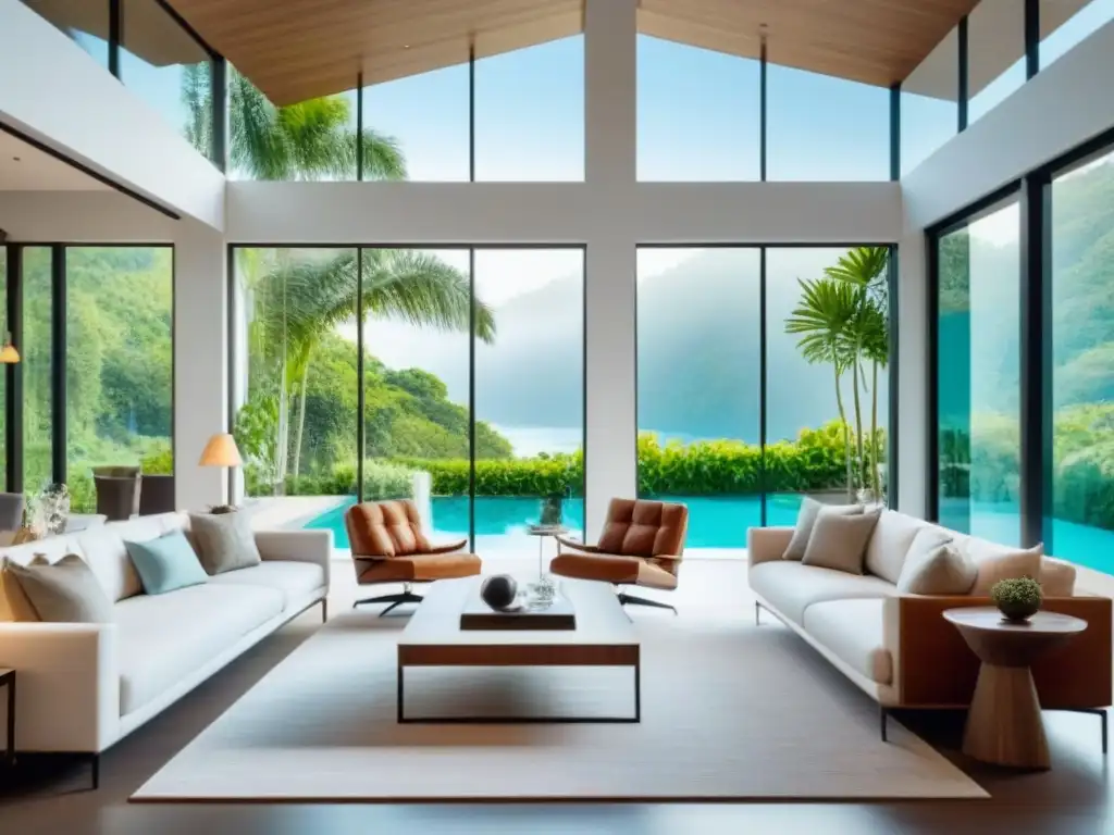 Propiedad vacacional de lujo pospandemia: moderna sala con vista a piscina y vegetación exuberante Invertir en propiedades vacacionales post-pandemia: lujosa sala con ventanales y piscina cristalina