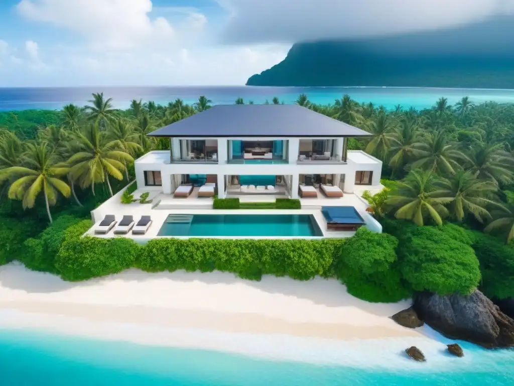 Villa de lujo frente al mar con piscina infinita privada Promoción propiedades vacacionales redes sociales: Villa de lujo con piscina infinita privada y vista al mar turquesa