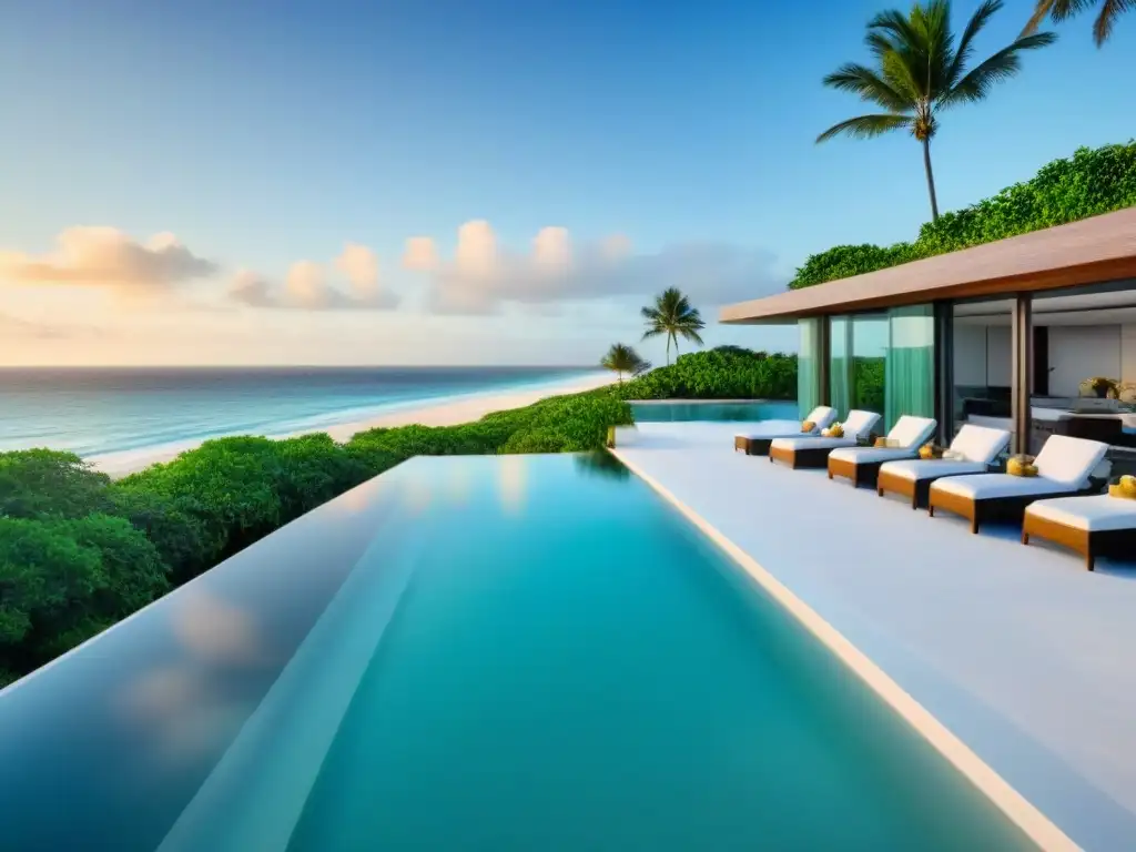 Exclusiva propiedad vacacional frente al mar: lujo y relax en 8k Promoción de propiedades vacacionales en redes sociales: Lujosa casa de playa con piscina infinita privada y diseño moderno