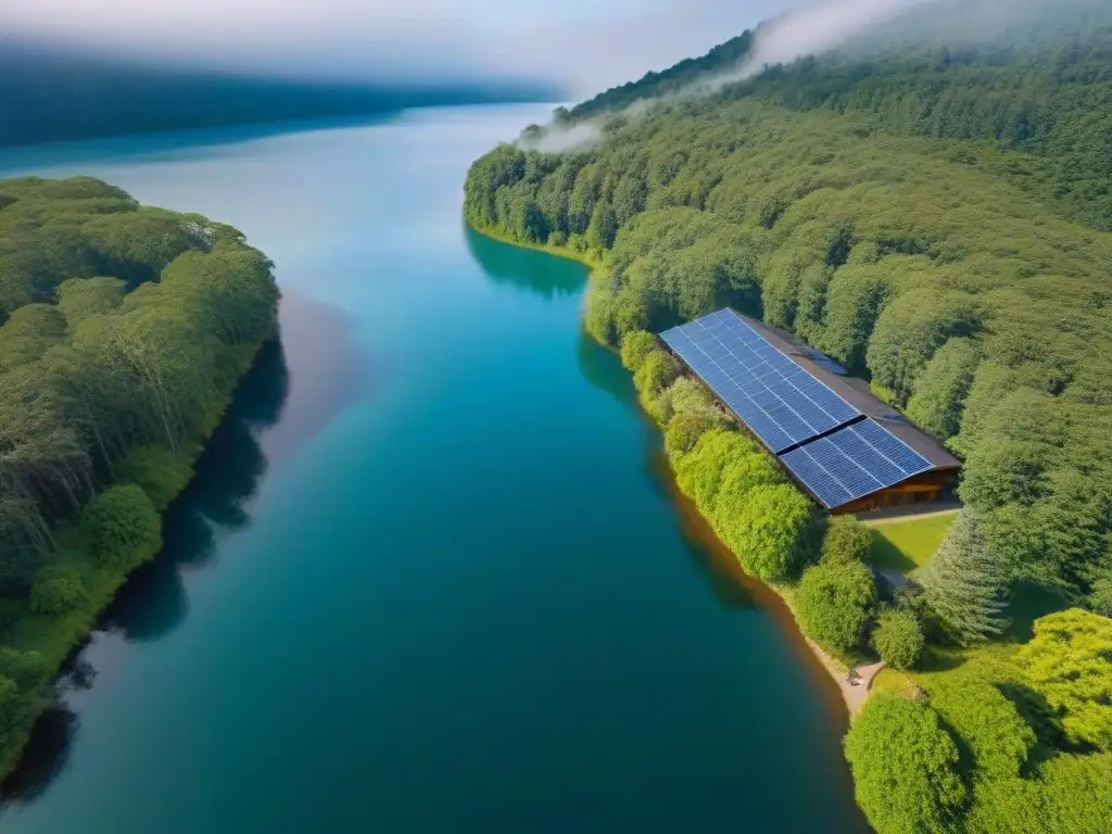 Propiedad ecofriendly de lujo en bosque exuberante y sostenible Inversión en propiedades vacacionales: vista aérea de eco-lodge rodeado de naturaleza y paneles solares, reflejados en lago sereno