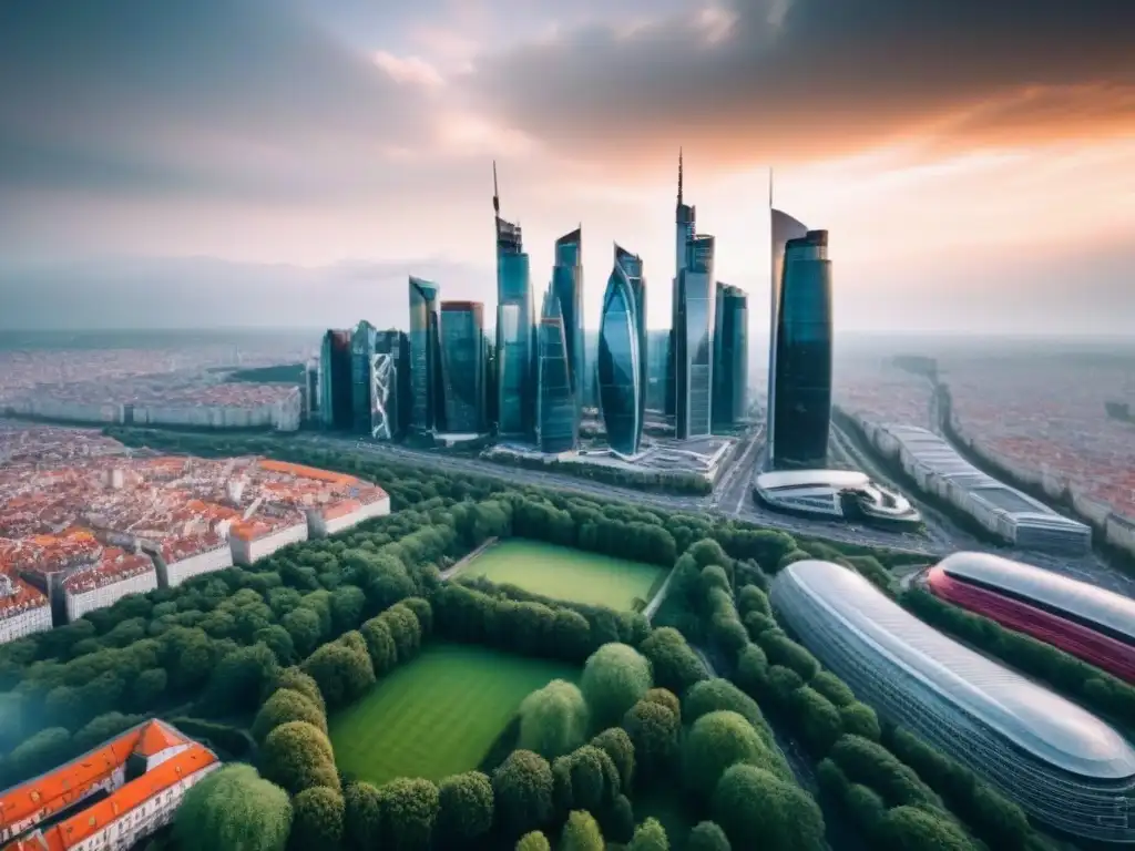 Skyline moderno y vibrante en Europa del Este: oportunidad inmobiliaria Invertir en propiedades en Europa del Este: Una vista aérea impresionante de un moderno horizonte urbano en una bulliciosa ciudad europea del este, con rascacielos elegantes, vida urbana vibrante y espacios verdes entrelazados en el paisaje urbano