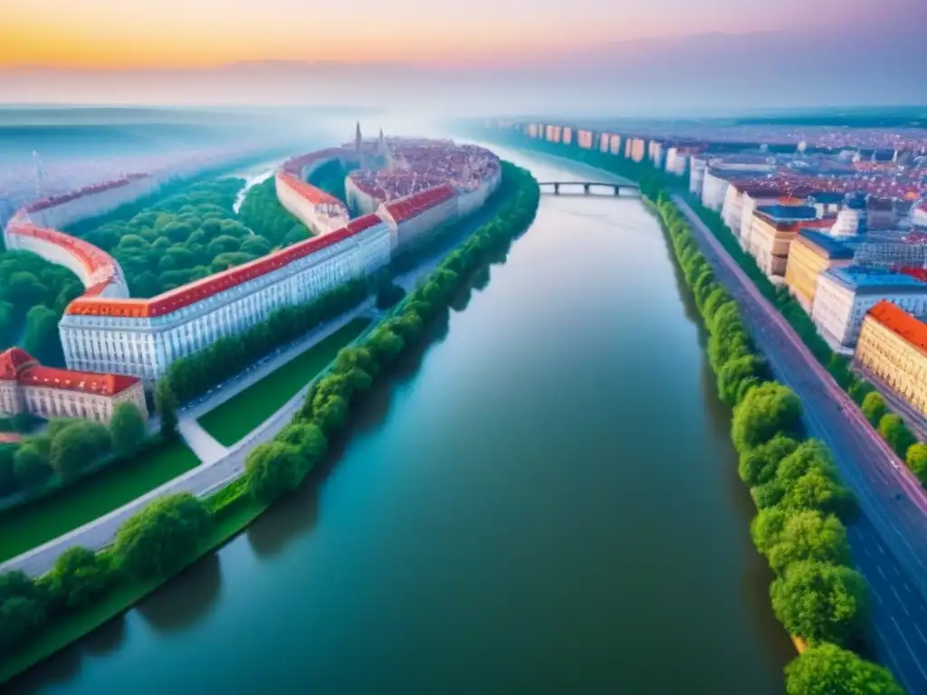 Horizonte urbano vibrante en Europa del Este: pasado y futuro Invertir en propiedades Europa Este: Vista aérea impresionante de una ciudad bulliciosa con arquitectura histórica y rascacielos modernos, rodeada de vegetación y un río serpenteante