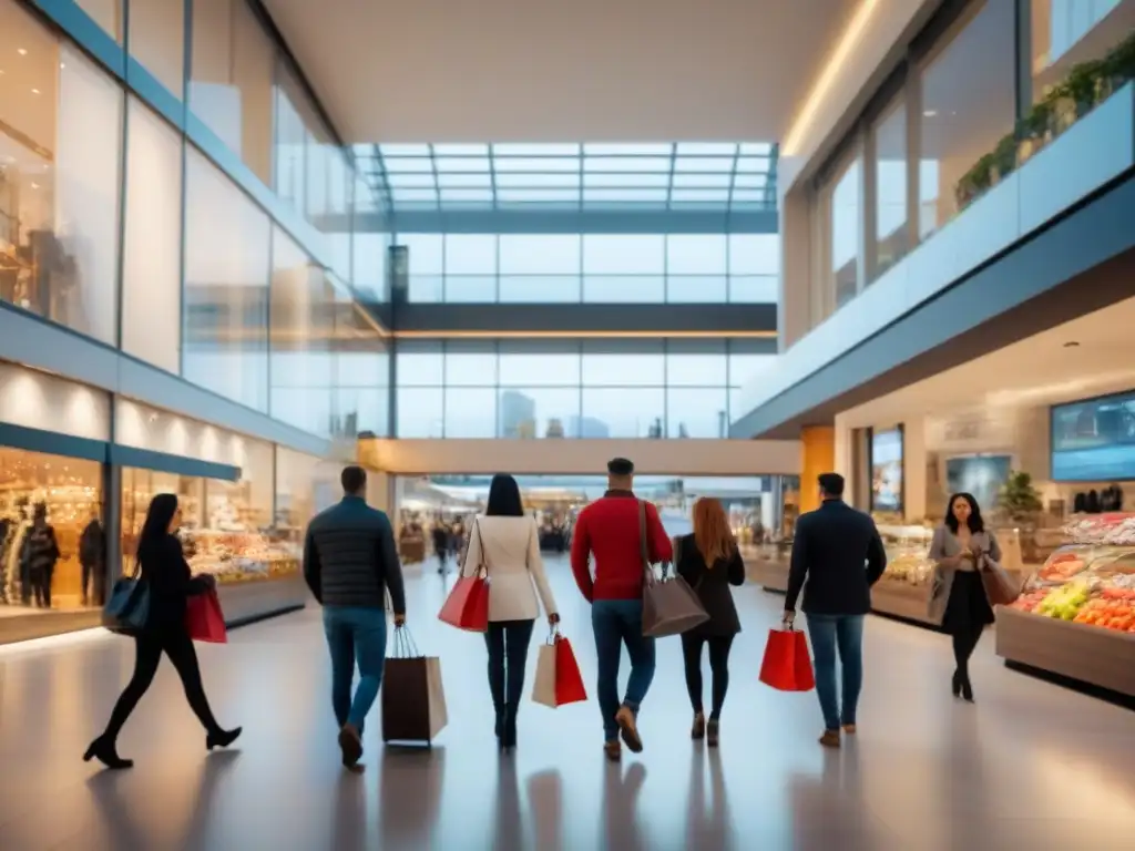 Centro comercial moderno: arquitectura elegante y ambiente vibrante Un próspero centro comercial internacional con arquitectura moderna y una multitud diversa de compradores disfrutando, reflejando una inversión exitosa en bienes raíces comerciales