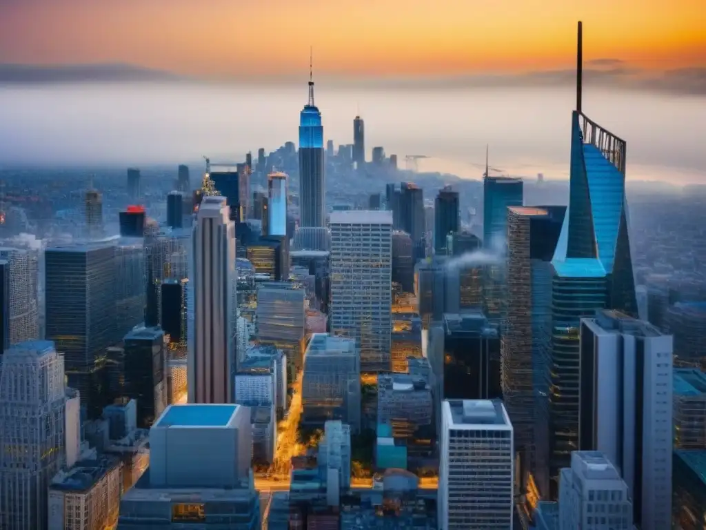 Metrópolis emergente: símbolo de crecimiento y oportunidad inmobiliaria Un próspero mercado emergente con rascacielos modernos, calles llenas de gente diversa y un paisaje urbano dinámico que simboliza crecimiento y oportunidad para el inversor exitoso mercado inmobiliario