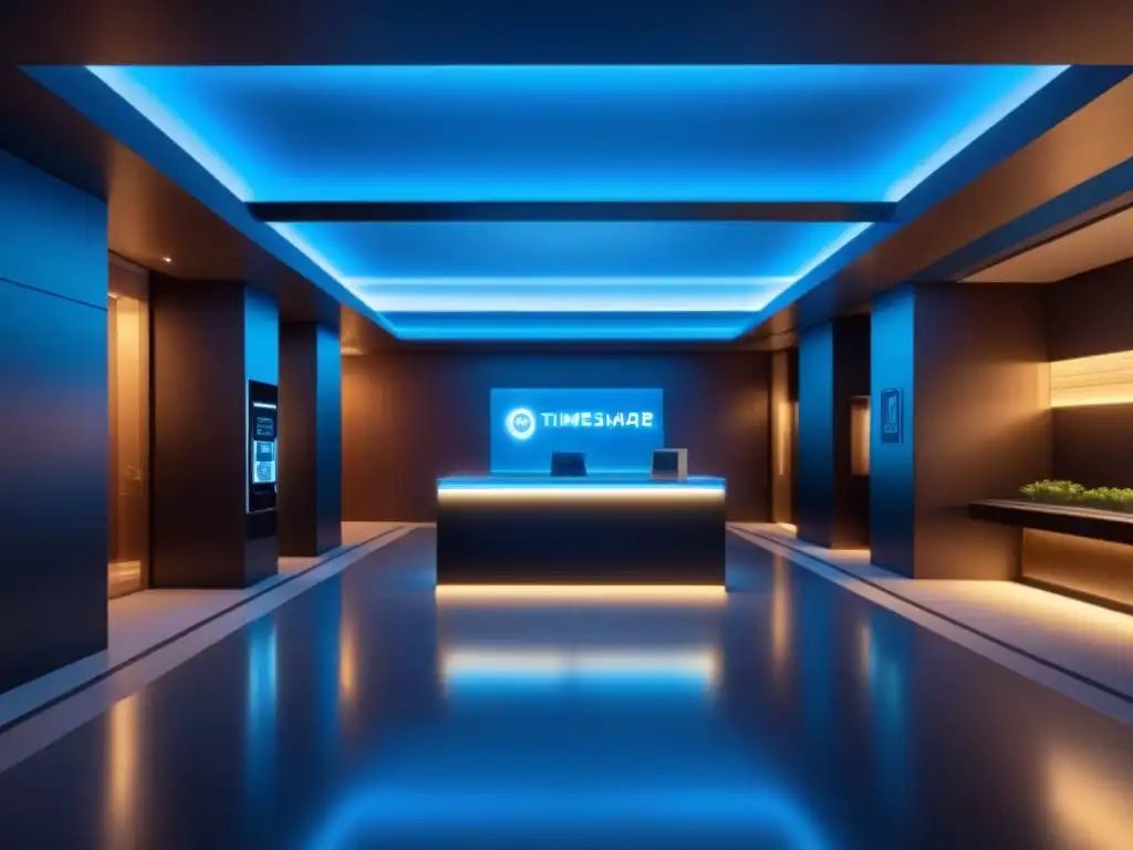 Vault futurista en lobby de resort de lujo Protector inversores tiempo compartido: bóveda futurista de alta tecnología en lobby de lujo