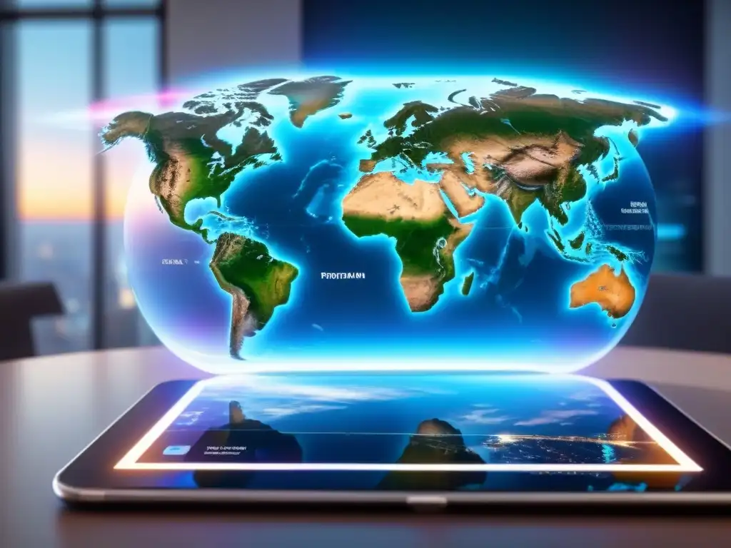 Mapa holográfico global: innovación en marketing inmobiliario Una proyección holográfica muestra propiedades inmobiliarias globales, rodeada de tecnología vanguardista