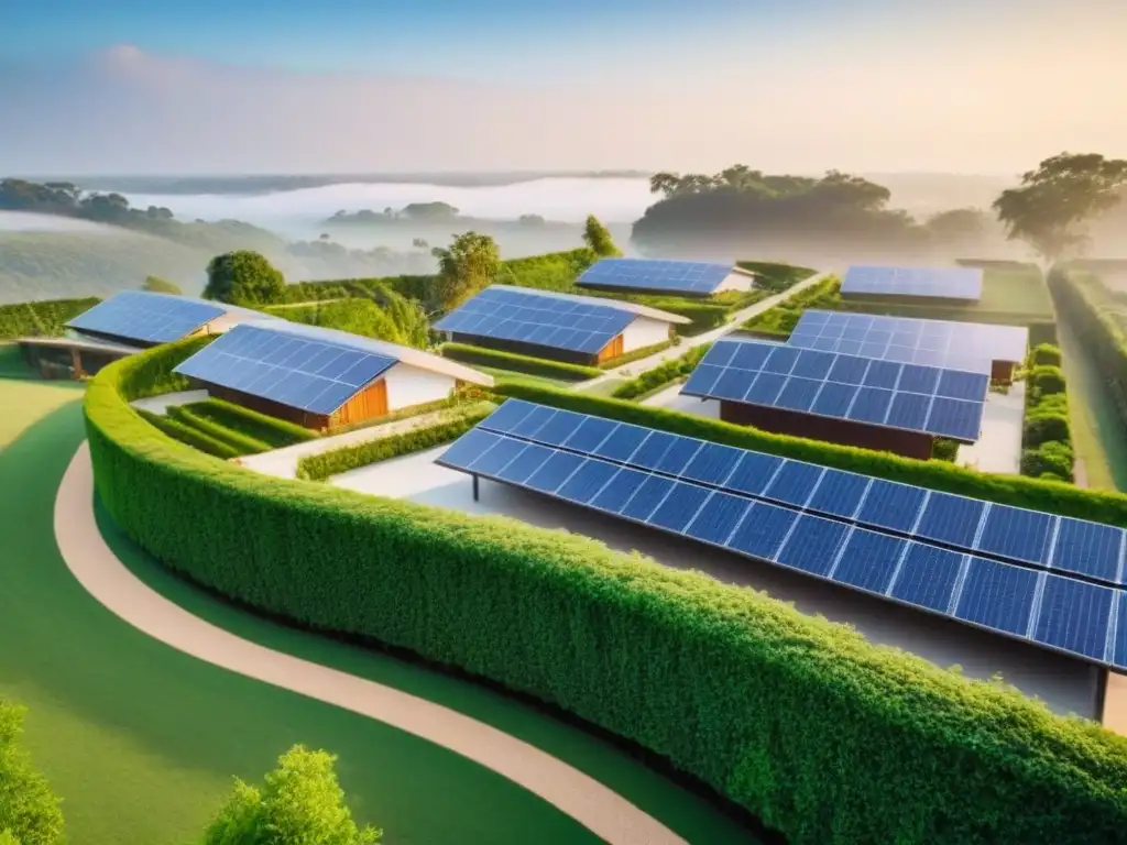 Hogares ecológicos entre naturaleza: diseño sostenible Proyecto ecológico inmobiliario con paneles solares, áreas verdes y arquitectura sostenible