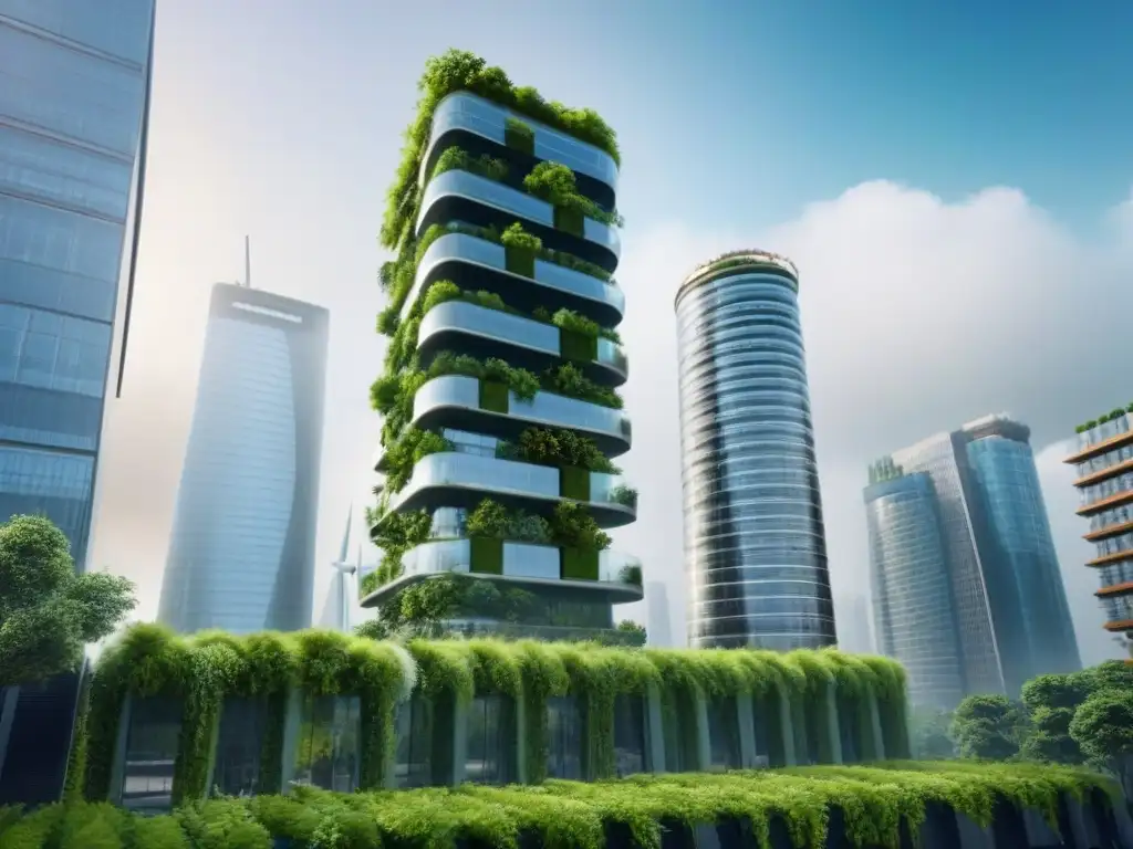 Rascacielos ecológico: innovación y sostenibilidad en la ciudad Proyecto ecológico con rascacielos de cristal y jardín vertical, atrayendo inversionistas internacionales