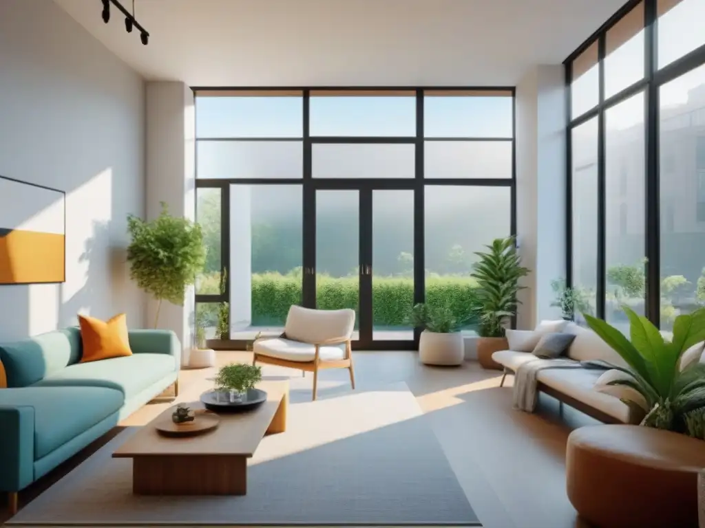 Espacio de coliving moderno y minimalista: cocina comunitaria, lounge acogedor y plantas verdes vibrantes Proyecto de renovación inmobiliaria millennial con diseño minimalista, naturaleza y sofisticación en espacio de convivencia