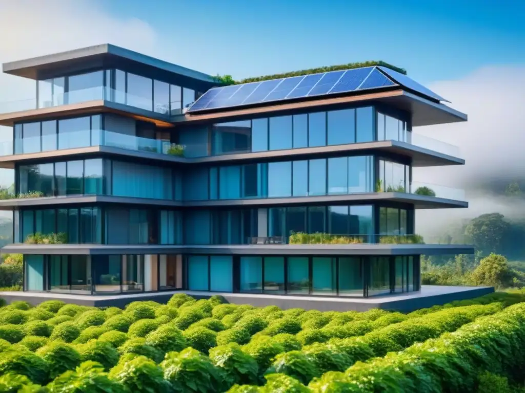 Edificio ecológico moderno rodeado de naturaleza exuberante Proyecto inmobiliario ecológico criterios: Edificio moderno rodeado de naturaleza, paneles solares y arquitectura contemporánea