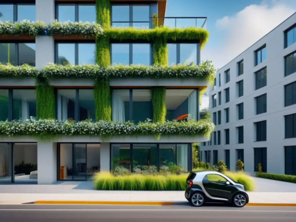 Edificio ecoamigable: diseño moderno y sostenible Proyecto inmobiliario ecológico criterios: Edificio ecofriendly con diseño moderno, jardines verdes y paneles solares