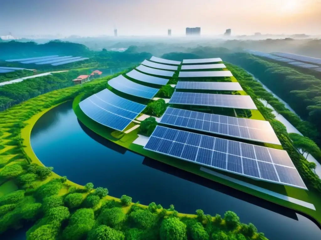 Proyecto inmobiliario ecoamigable: arquitectura moderna y naturaleza Un proyecto inmobiliario ecológico internacional con arquitectura moderna y energías renovables integradas en un entorno natural vibrante