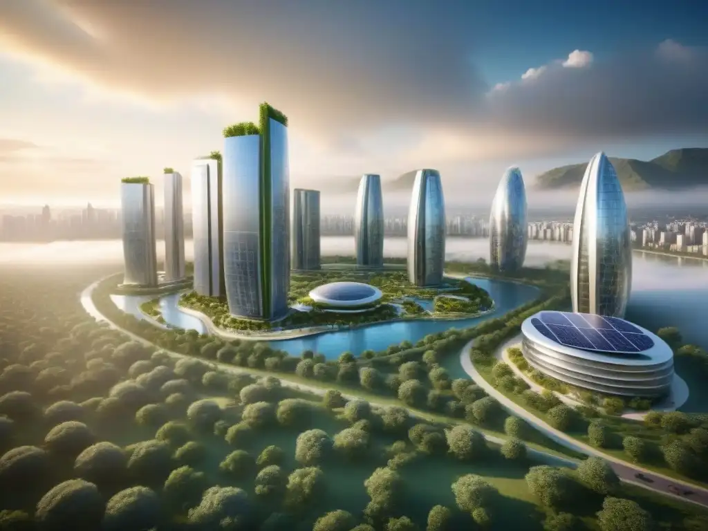 Proyecto inmobiliario ecofriendly: arquitectura moderna y sostenible Un proyecto inmobiliario ecológico internacional fusiona arquitectura moderna con espacios verdes y paneles solares en una ciudad vibrante