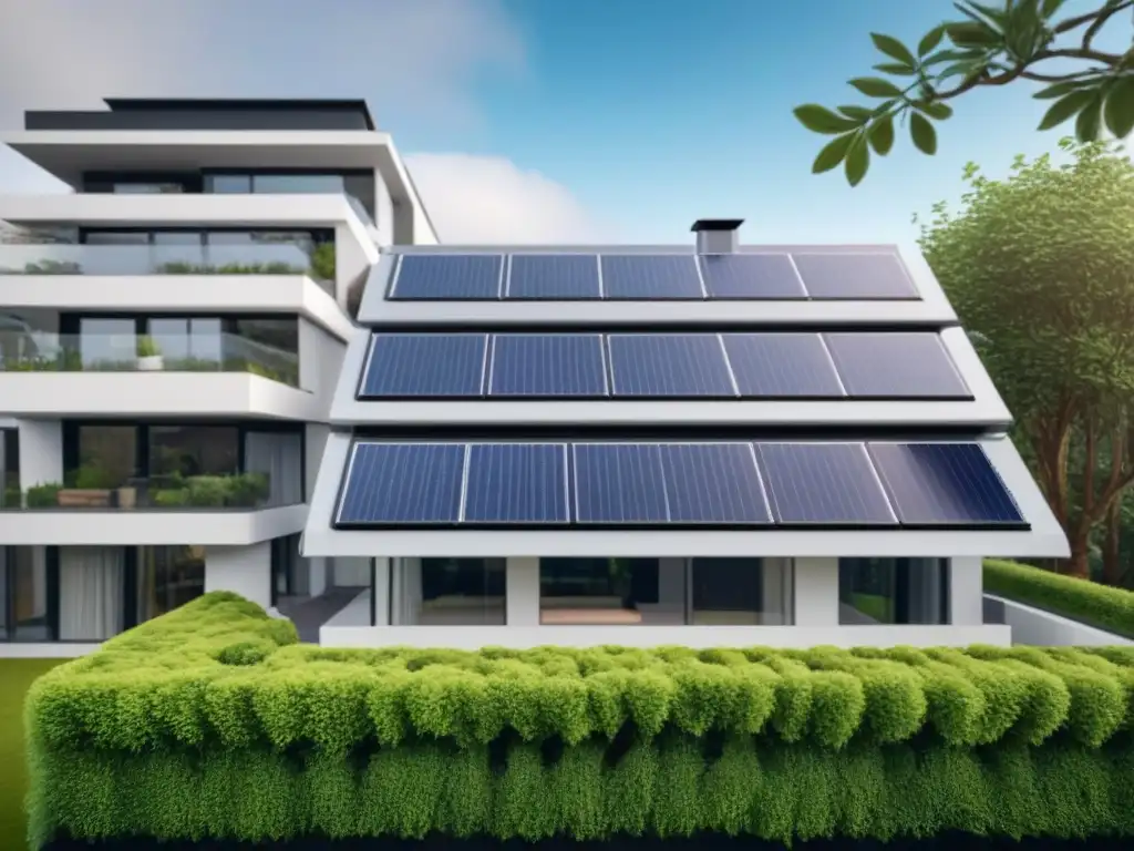 Edificio ecológico moderno con paneles solares y paisajismo sostenible Un proyecto inmobiliario ecológico con paneles solares, vegetación exuberante y diseño sostenible