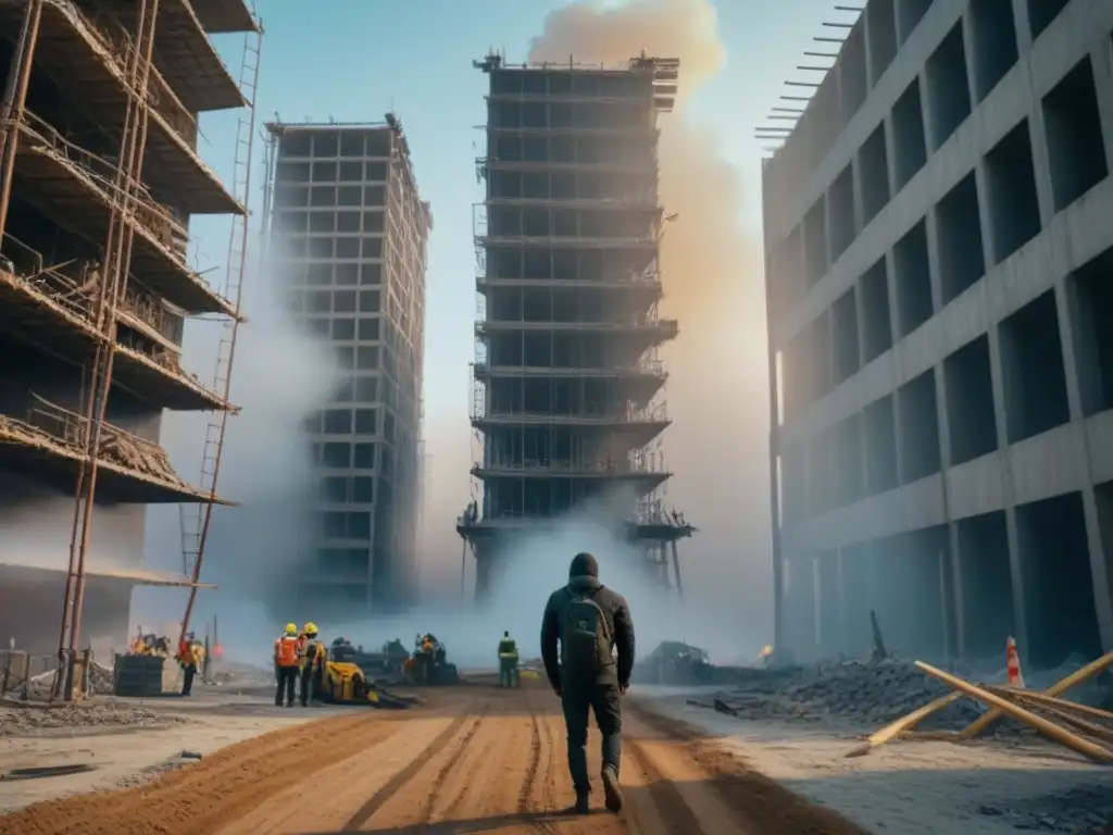 Desastre arquitectónico: rascacielos inacabado en ruinas Proyecto inmobiliario fallido: rascacielos a medio construir rodeado de escombros y abandono
