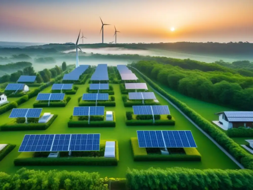 EcoViviendas: Arquitectura sostenible en armonía con la naturaleza Proyectos ecológicos inversión inmobiliaria: Desarrollo sostenible con arquitectura moderna integrada en la naturaleza al atardecer