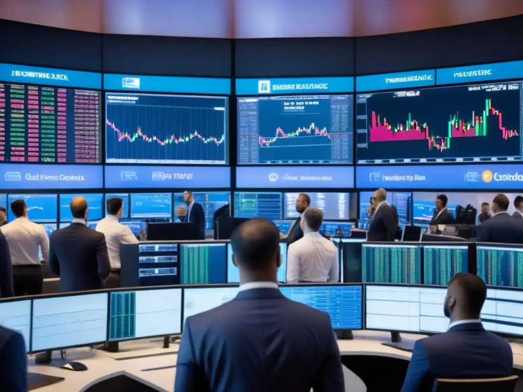 Escena vibrante de la bolsa de valores: tecnología, finanzas y emoción Psicología de inversión comercial éxito: Traders, inversores y pantallas en piso bursátil, con moderna ciudad de fondo