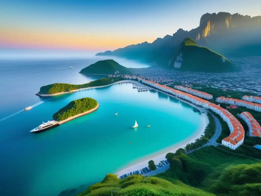 Pueblo costero vibrante entre montañas y aguas turquesa Un pueblo costero entre montañas verdes y aguas turquesas