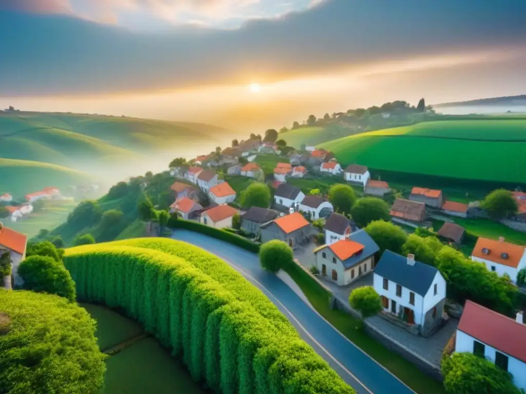 Pintoresco pueblo: encanto tradicional y moderno en paisaje idílico Un pueblo encantador con casas tradicionales y modernas, rodeado de naturaleza y colinas, capturando la transformación en pequeñas ciudades
