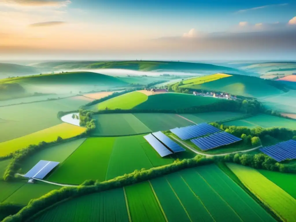 Avance tecnológico en paisaje rural al amanecer Amanecer en un pueblo rural con tecnología moderna integrada en la naturaleza, simbolizando la innovación y progreso