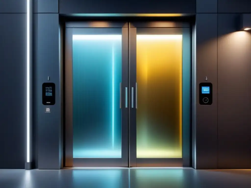 Puerta automática futurista con reconocimiento de patrones Puerta automática de cristal y metal en un edificio moderno con reconocimiento de patrones