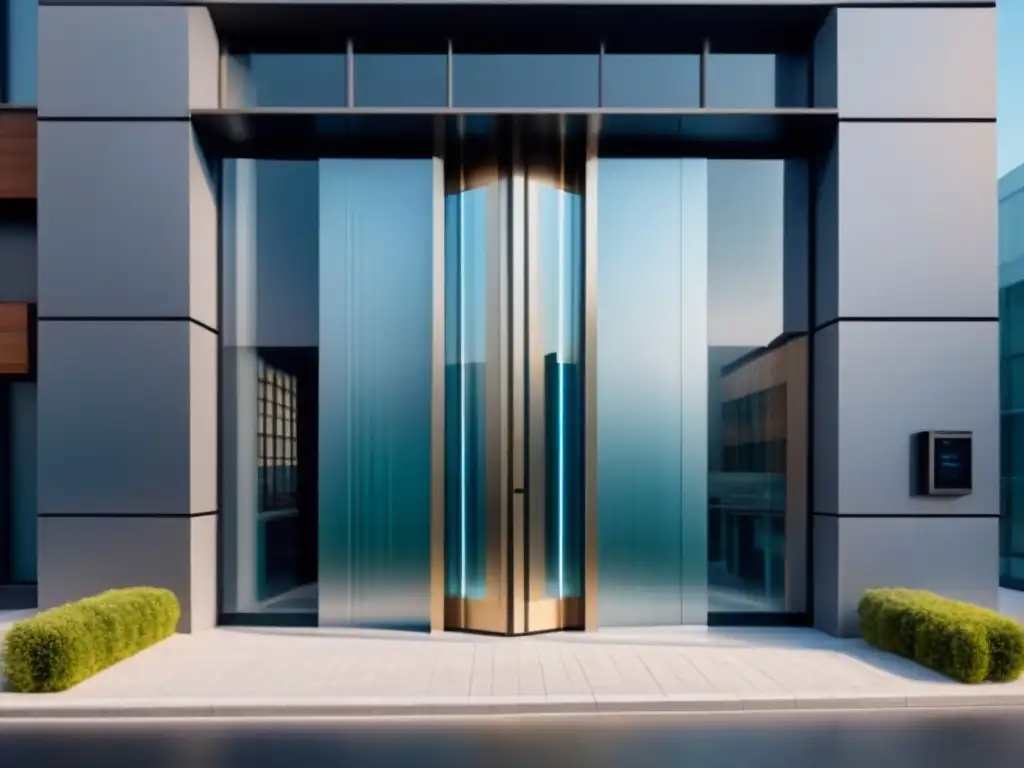 Puerta automática de alta tecnología en edificio futurista Puerta automática con tecnología de reconocimiento de patrones, fusionando tecnología y arquitectura en un edificio futurista