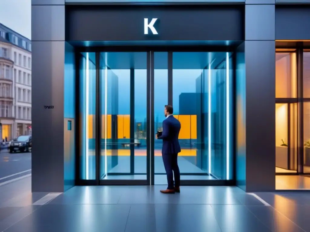 Entrada futurista con puertas automáticas de alta tecnología Puertas automáticas de reconocimiento de patrones en edificio futurista, símbolo de seguridad y modernidad en la arquitectura