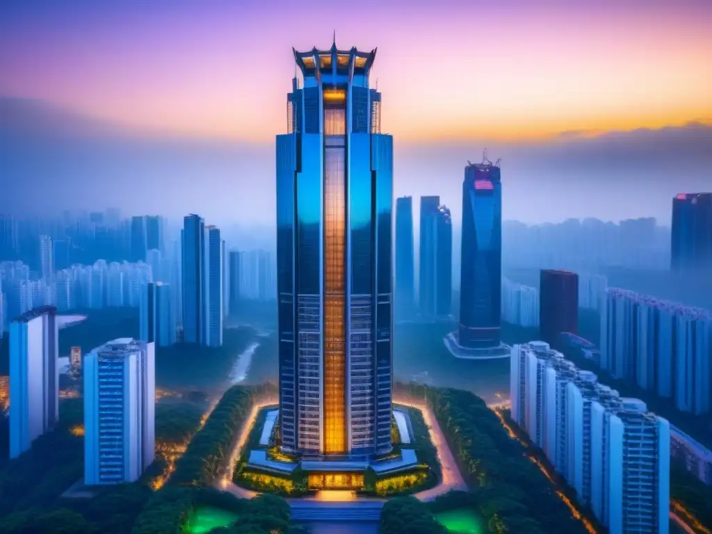 Rascacielos de lujo al atardecer en ciudad asiática Puesta de sol en rascacielos lujoso en ciudad asiática, rodeado de vegetación y arquitectura futurista